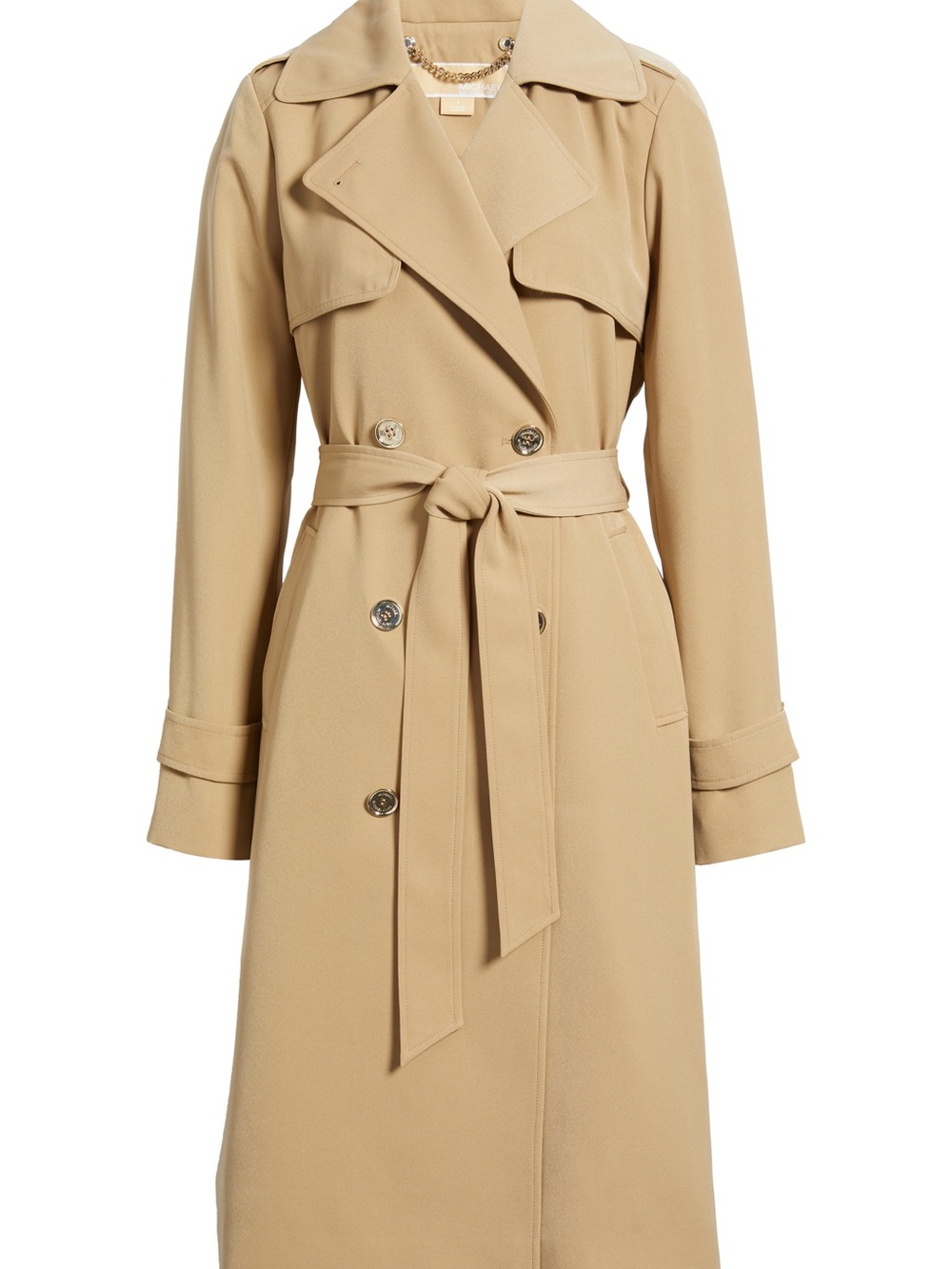 Michael Kors Tan Double-Breasted Drapey Trench Coat with Waist Tie